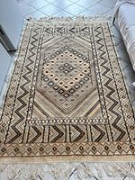 Full view of rug showing overall design and fringe