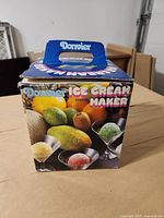 Retail box showing Donvier Ice Cream Maker branding and food images