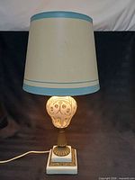 Full view of lamp lit with shade in place