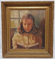 Front view of framed oil painting depicting girl reading