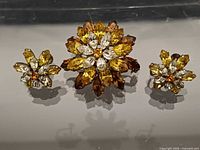 brooch and earrings front view showing rhinestone colours and design