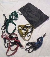 All ten bungee cords spread out with bag