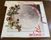 Front of original Arcoroc box showing Happy Holiday platter, 13-inch size