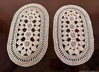 Pair of matching oval crochet lace doilies displayed side by side