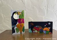 Front view showing toucan and kitten trinket box lids