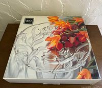 Front of boxed Mikasa Bluebells crystal platter