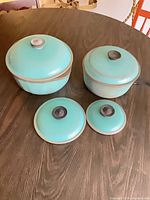 Two turquoise enameled pots each with lid, plus two additional lids displayed on tabletop