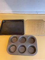 Muffin pan, quarter sheet pan, cooling rack layout