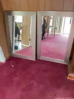 Both rectangular pewter-frame mirrors leaning against wood panel wall on burgundy carpet