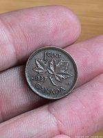 Reverse showing 1 CENT, 1937 date, maple leaves, CANADA legend