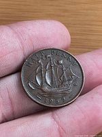 Reverse view showing Golden Hind, HALF PENNY, date 1952