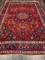 Full view of rug displaying entire pattern and borders