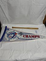Pennant and wooden bat overview