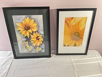 Both framed floral prints side by side on table
