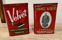 Front view of Velvet and Prince Albert tobacco tins