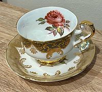 Cup and saucer set showing overall design and gold gilt decoration