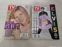 Two TV Guide issues: Barbra Streisand cover and Elvis Presley cover with attached CD