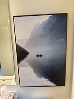 Full view of framed mountain lake canoe print