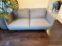Front view of light grey loveseat showing overall design and cushions