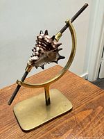 Full view of brass stand with shell on wooden surface