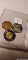 Three Canadian coins in plastic sleeve: loonie, standard toonie, colourized toonie
