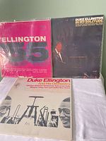 Front view of three Duke Ellington LPs showing entire album covers and sleeves