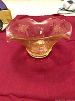 Yellow scalloped bowl with etched floral panels