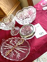 Overall lot showing all glass bowls, tray, spoon