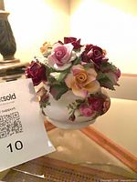 Front view of bone china floral posy showing roses and pot design