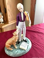 Full view of figurine front showing boy, violin, dog, base details