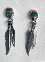 front view of both sterling silver feather earrings with inlaid oval tops
