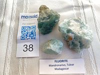 Three fluorite pieces with label and QR card