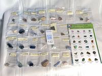 All labelled gemstone bags and reference card displayed