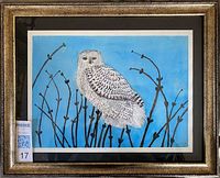 Full view of framed snowy owl watercolour with mat and frame