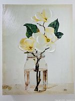 Full view of wood panel artwork showing magnolia flowers in jar