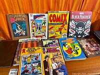 Group shot of all nine comic books laid out on wooden surface