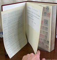 Open album showing handwritten index page and protective sheet