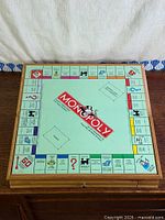 Top view showing Monopoly board on wooden case