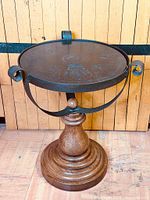 Full view showing slate top, iron cradle and wood pedestal