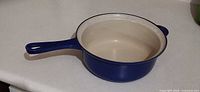 Top view of blue enameled saucepan showing cream interior and handle