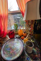 overall lot showing lamp, bowl, pumpkins, vase