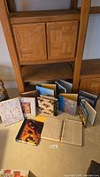 Cluster of fourteen assorted photo albums arranged in front of shelving unit