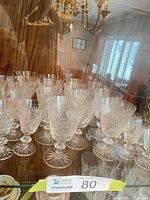 Full grouping of pinwheel crystal stemware behind glass