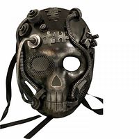 Front view of full-face skull robot mask showing eye mesh, nose cut-out, gear and hose details