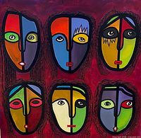 Front view of square painting showing six colourful abstract faces