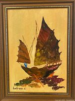 Framed oil painting of Chinese junk boat signed Laureen C.