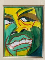 Close-up of painted portrait showing colors and signature