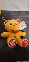 Front view of plush bear showing bow tie, embroidered buttons, BAB heart logo, polka-dot foot pads