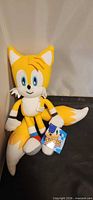 Front view of Tails plush showing tag and overall condition