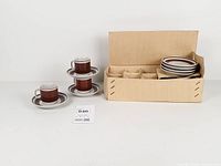 Full set with box showing cups stacked on saucers and remaining pieces in original corrugated carton